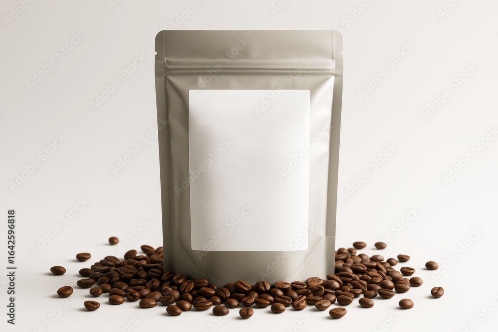 Poster coffee packaging mockup with blank label and scattered beans on clean background for branding presen