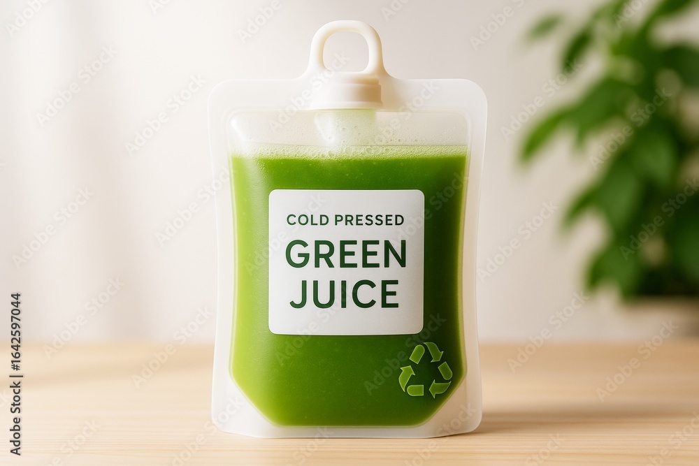 Poster cold pressed green juice in eco-friendly pouch standing on wooden surface with light background and 