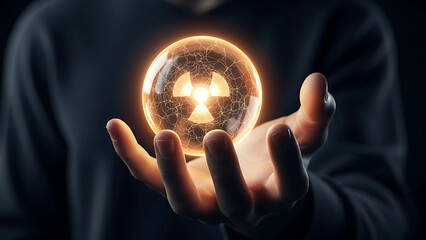 Person cradles glowing orb, radiating nuclear symbol, representing energy or danger.