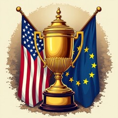 Prestigious Golden Trophy Between United States and European Union Flags