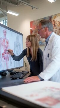 Collaborative scene with a medical illustrator and healthcare professional reviewing anatomical illustrations on a large monitor discussing details for accuracy in a clinical