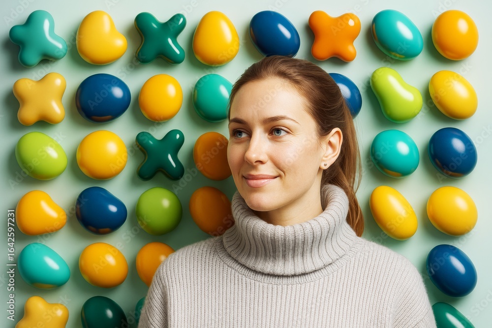 Poster woman smiling calmly in front of colorful abstract background of soft 3d geometric shapes, evoking c