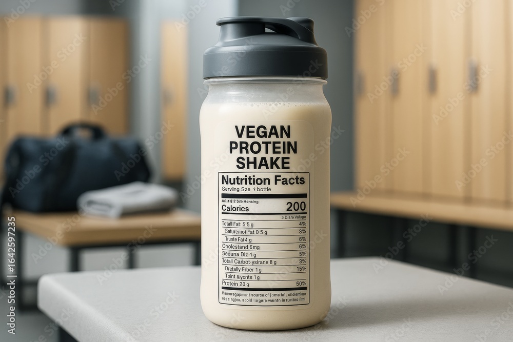 Poster vegan protein shake bottle with nutrition label on table in locker room with blurred background and 