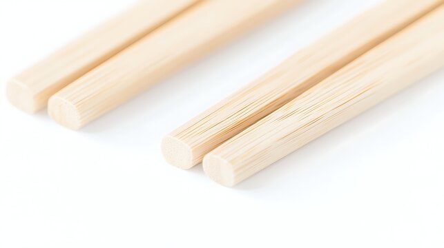 Pair of chopsticks aligned parallel on clean white surface, photographed with 50mm lens, focus on natural wood texture with subtle shadow beneath