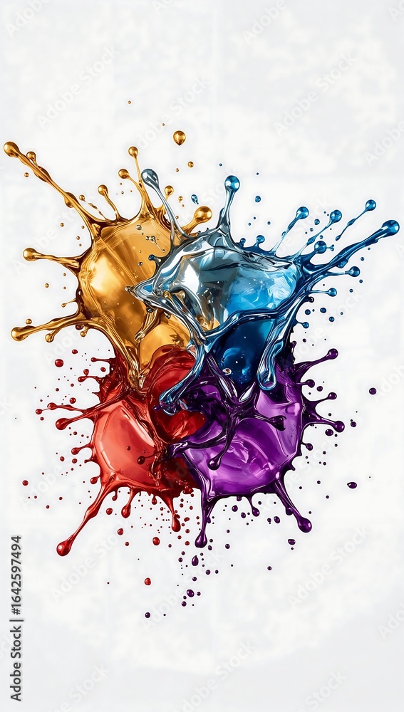 Poster vibrant metallic liquid splashes collide and intermingle, creating an abstract, dynamic composition.