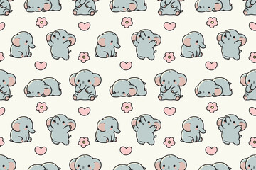 Adorable baby elephants with hearts and flowers pattern