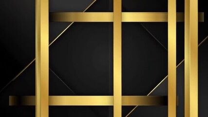 Luxurious dark background with intersecting golden geometric lines and metallic bands creates a modern and elegant abstract design. - Powered by Adobe