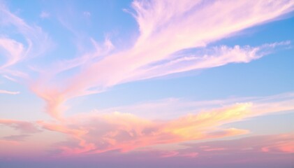 Fototapeta premium A breathtaking sky at sunset, painted with vibrant hues of orange, pink, and purple, with fluffy clouds softly illuminated by the fading sunlight.