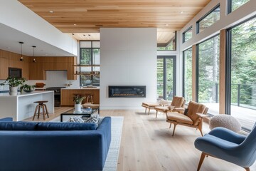 Modern open-concept living room with light wood ceiling, matte oak floors, blue mid-century furniture, fireplace, and island kitchen
