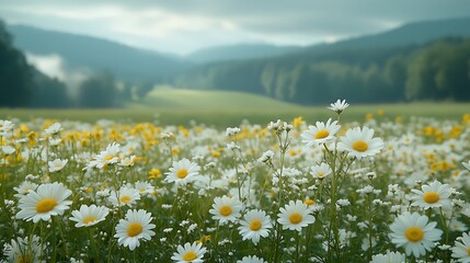Vibrant Flower Field Under Soft Overcast Sky White and Yellow Blooms Lush Foreground Green Field Tree Line Distant Cloud-Covered Mountains Serene Nature