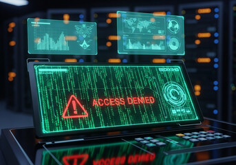Access Denied on Futuristic Computer with Binary Code and Holographic Displays