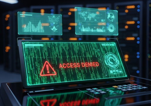 Access Denied on Futuristic Computer with Binary Code and Holographic Displays