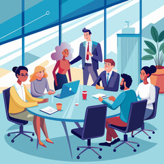  Modern corporate team meeting in a glass office with diverse professionals collaborating around a table