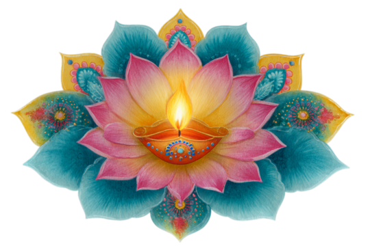 Photo of a vibrant watercolor painting of a lotus flower with a diya lamp in the center symbolizing spirituality and tradition isolated on transparent background