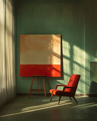 Cozy interior with red chair and abstract painting