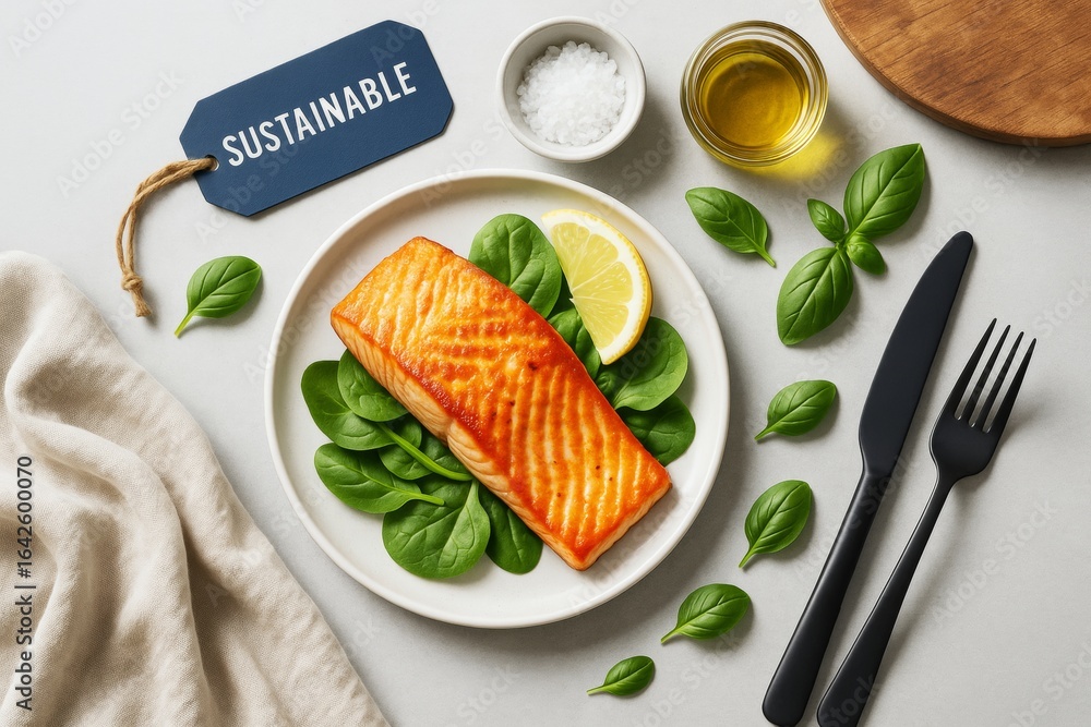 Poster grilled salmon fillet on spinach with lemon slice and sustainable label on light background with sea