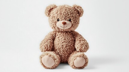 Obraz premium Brown plush teddy bear with soft fur texture, photographed using mirrorless camera and RF 50mm lens, set against a clean white background