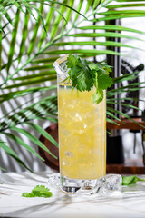 Tequila limeade alcoholic cocktail drink with tequila, agave syrup, cilantro, jalapeno, lime juice and soda with bar tools