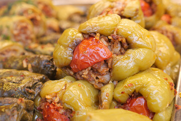 Stuffed vegetables display at a local market stall