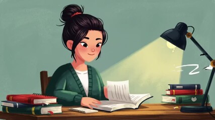 A diligent young person with dark hair is deeply engrossed in reading a book at a desk, illuminated by a lamp, surrounded by stacks of knowledge.