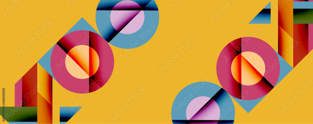 Poster abstract geometric composition. circles, rectangles, triangles overlap creating vibrant colorful pat