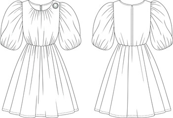 Elegant puff sleeve dress, CAD drawing, flat vector illustration, fashion design, technical sketch, front and back view, garment template