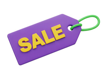 Purple tag with yellow sale text isolated on transparent background