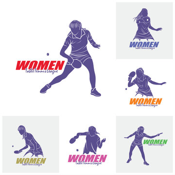 Set of Women table tennis logo design vector. Silhouette Women table tennis player Template Illustration