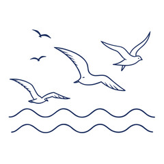 Seagulls Flying Over the Surface of the Sea – Minimal Nature Vector Illustration