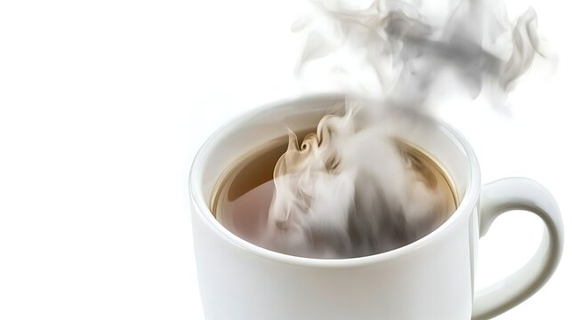 Hot tea in white cup with visible steam taken with mirrorless 85mm lens, centered composition on clean white backdrop with soft diffuse lighting