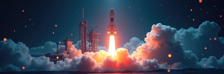 Fototapeta premium Rocket launch into a starry night sky.