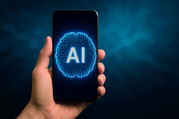 Hand holding smartphone with AI brain hologram on screen
