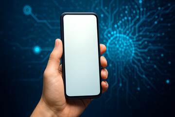 Hand holding a smartphone on an artificial intelligence background.