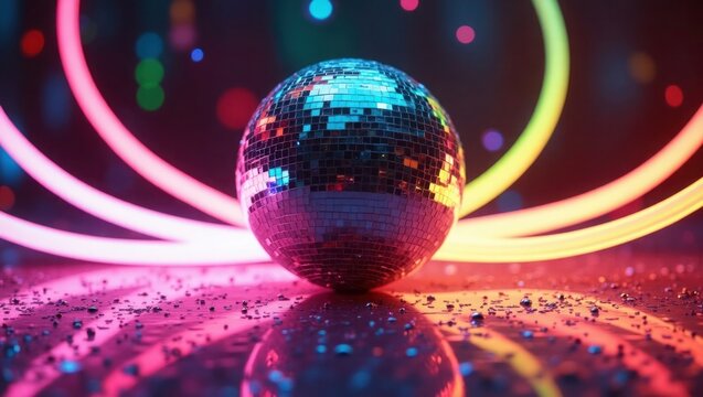 Disco Ball Neon Lights Pink Purple Yellow Glitter mirror ball - Powered by Adobe