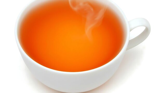 Hot tea in white cup with visible steam taken with mirrorless 85mm lens, centered composition on clean white backdrop with soft diffuse lighting