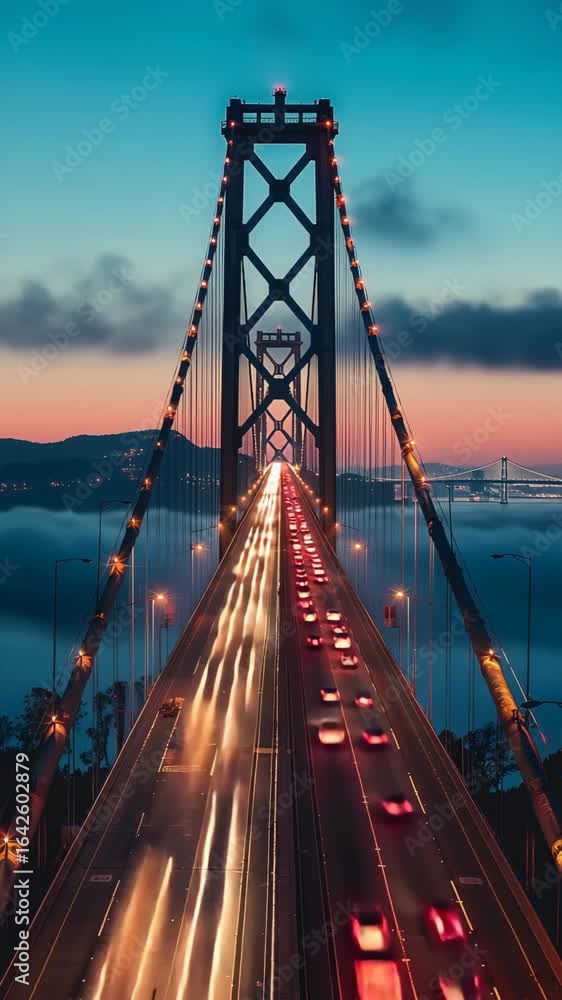 Poster a dynamic high-angle view capturing the motion of city traffic light trails flowing across a large s