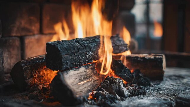 Burning wooden log in a fireplace with glowing orange flames and embers, creating a warm and cozy indoor atmosphere
