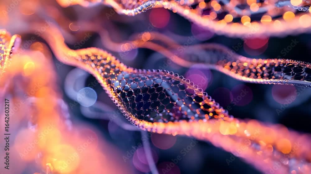 Poster futuristic visualization of a glowing double helix structure, representing genetic science and advan