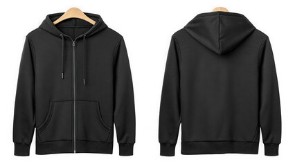 Front and back view of a plain black hoodie isolated on transparent background