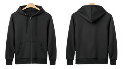 Front and back view of a plain black hoodie isolated on transparent background