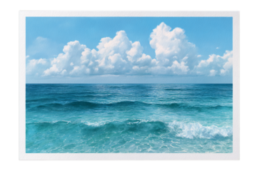 Photo of beautiful turquoise ocean waves rolling gently towards the shore under a bright blue sky with fluffy white clouds isolated on transparent background