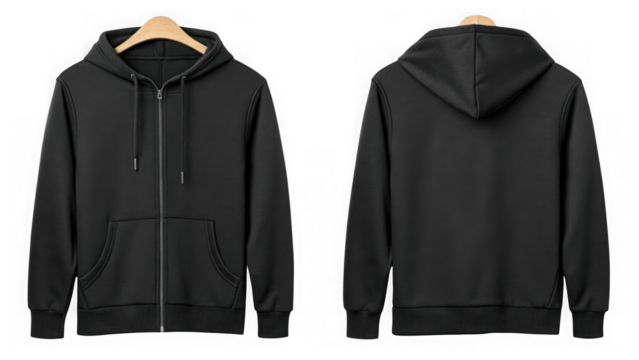 Front and back view of a plain black hoodie isolated on transparent background