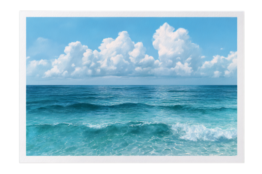 Photo of beautiful turquoise ocean waves rolling gently towards the shore under a bright blue sky with fluffy white clouds isolated on transparent background