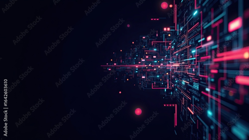 Aufkleber digital network of glowing lines and points in dark space.