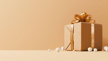 Elegant Single Gift Box with Golden Ribbon and Pearls on a Neutral Background. 3d rendering