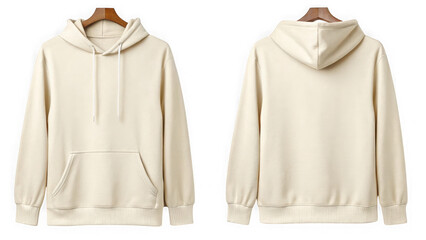 Front and back view of a plain cream hoodie isolated on transparent background