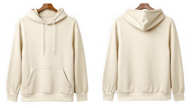 Front and back view of a plain cream hoodie isolated on transparent background