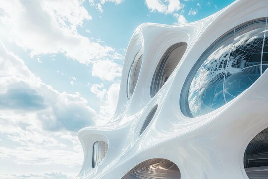 Futuristic white building with organic curves and circular interior design, large windows, blue sky background, soft light architecture scene