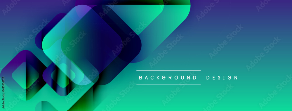 Poster abstract geometric shapes overlap, creating vibrant gradient background. modern design elements sugg