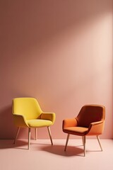 Two colorful armchairs against a muted peach wall.